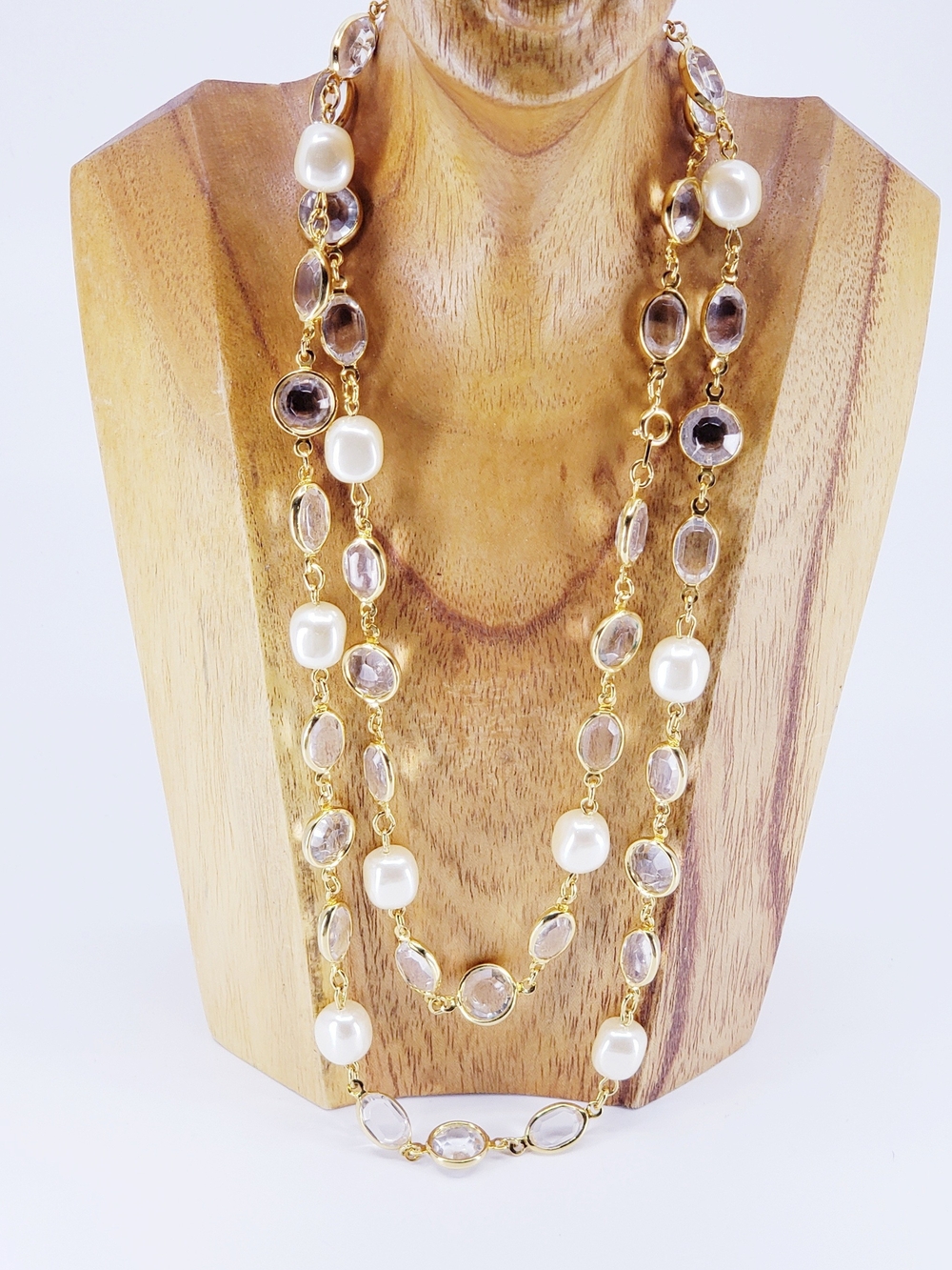 A2020 Gold Chain Necklace with White Pearl and Clear Crystal Accents